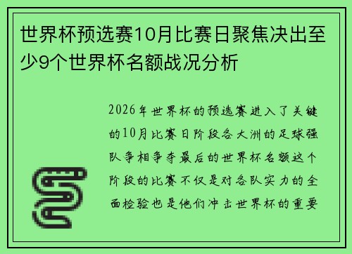 世界杯预选赛10月比赛日聚焦决出至少9个世界杯名额战况分析
