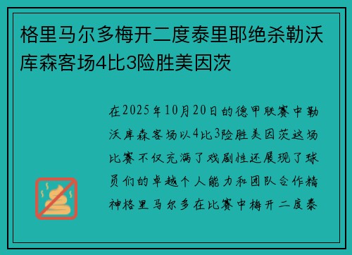 格里马尔多梅开二度泰里耶绝杀勒沃库森客场4比3险胜美因茨